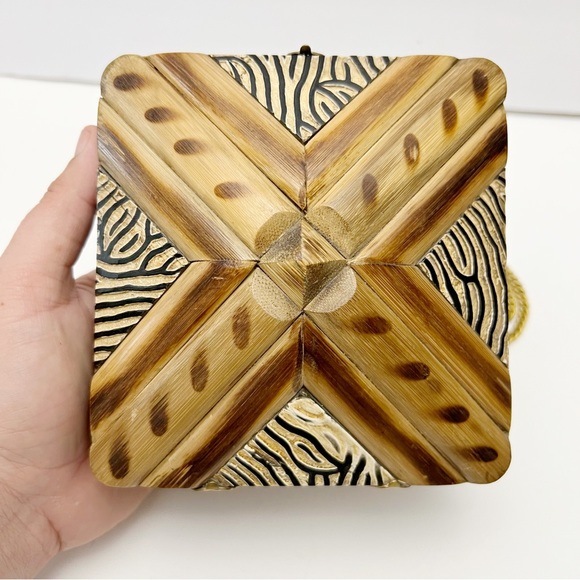 Vintage Carved Wood African Safari Zebra Pattern Minaudière Crossbody Mini Purse - Picture 2 of 8